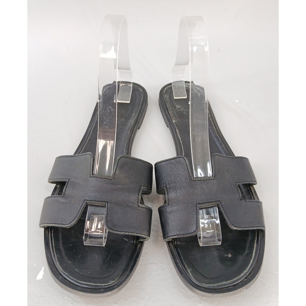 Black Leather H-Strap Slide Sandals Women EU 41 US 10.5 Flats Made IN Greece